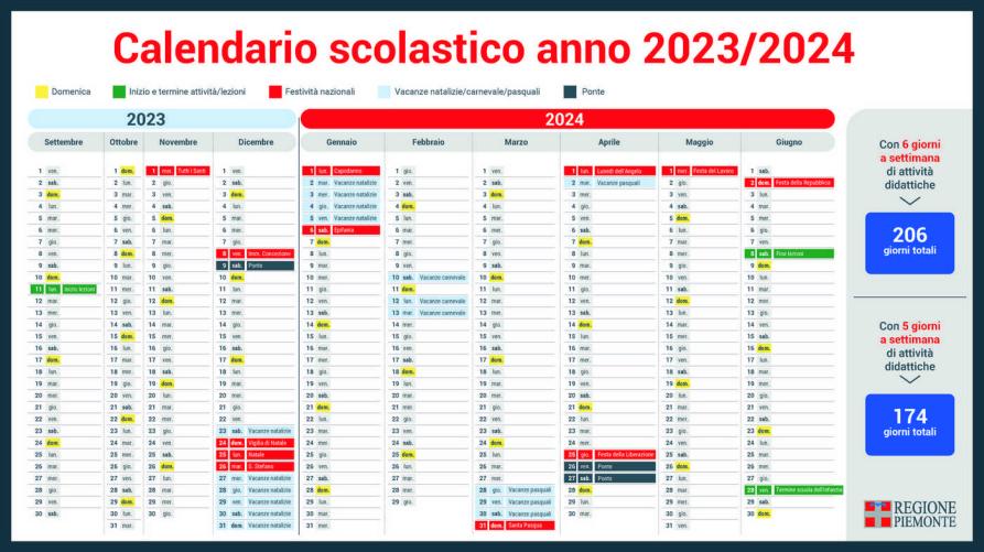 calendario scolastico Regione Piemonte 2023/2024